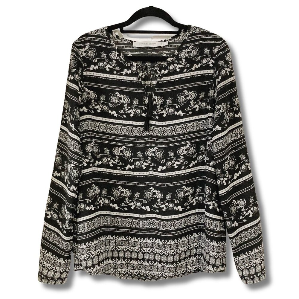CONTEMPORAINE Black white sheer floral geometric print tie neck blouse XS SMALL